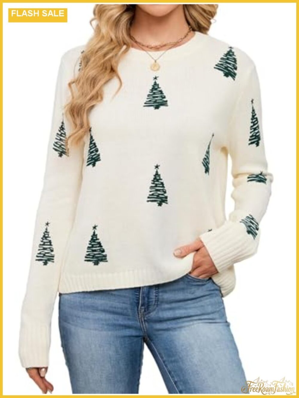 Womens Cute Tree Print Sweater Cozy Soft Crewneck Long Sleeve Knit Pullover